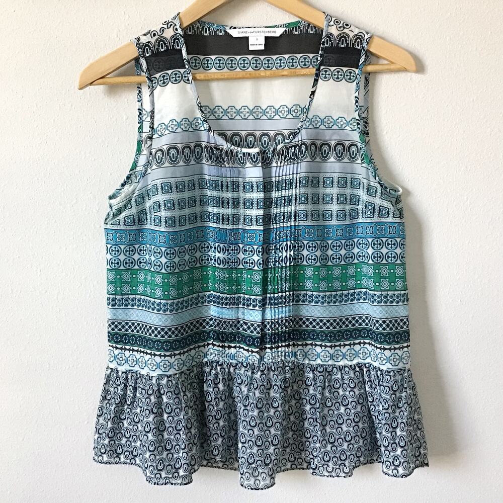 DIANE VON FURSTENBERG Geometric Print Silk Ruffle Tank Top Size S